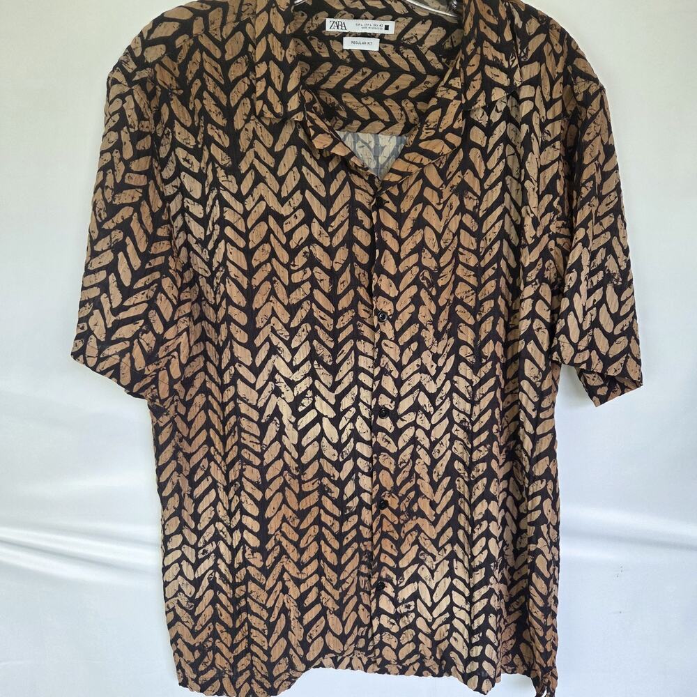 Zara Man Regular Fit Brown Tribal Leaf Print Camp/Resort Collar Shirt L Unisex
